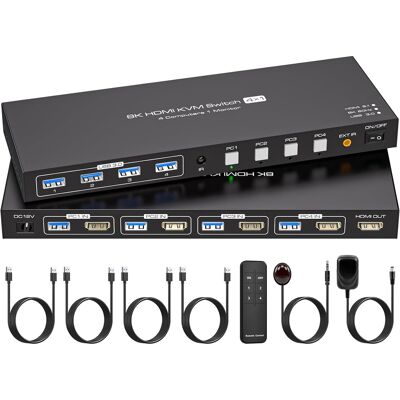 NÖRDIC HDMI KVM-kytkin 4 tietokonetta 1 näyttö 8K 60Hz 4K 144/120Hz 4xUSB-laitteet NÖRDIC HDMI KVM-kytkin 4 tietokonetta 1 näyttö 8K 60Hz 4K 144/120Hz 4xUSB-laitteet