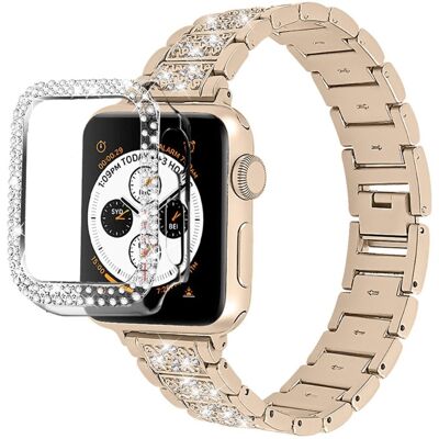 Apple Watch (41mm) 3 helmen strassikoristekoristeinen kelloranneke suojuksella - Retro Kulta Apple Watch (41mm) 3 helmen strassikoristekoristeinen kelloranneke suojuksella - Retro Kulta