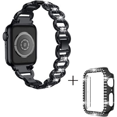 Apple Watch SE 2022 (44mm) strassikivikoristeinen metalliseosranneke suojuksella - Musta Apple Watch SE 2022 (44mm) strassikivikoristeinen metalliseosranneke suojuksella - Musta