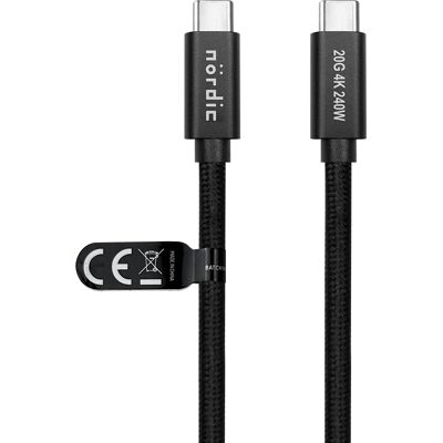 NÖRDIC 25 cm USB 3.2 Gen 2 USB-C - C nylon punottu kaapeli PD3.1 240W 20G 4K60Hz musta NÖRDIC 25 cm USB 3.2 Gen 2 USB-C - C nylon punottu kaapeli PD3.1 240W 20G 4K60Hz musta