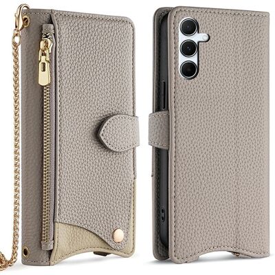SKALO Samsung A56 5G Litchi Makeup Mirror Chain Lompakkokotelo - Harmaa SKALO Samsung A56 5G Litchi Makeup Mirror Chain Lompakkokotelo - Harmaa