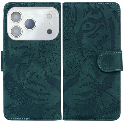 Apple SKALO iPhone 17 Pro Kohokuvioitu Tiikeri Lompakkokotelo - Vihreä Apple SKALO iPhone 17 Pro Kohokuvioitu Tiikeri Lompakkokotelo - Vihreä