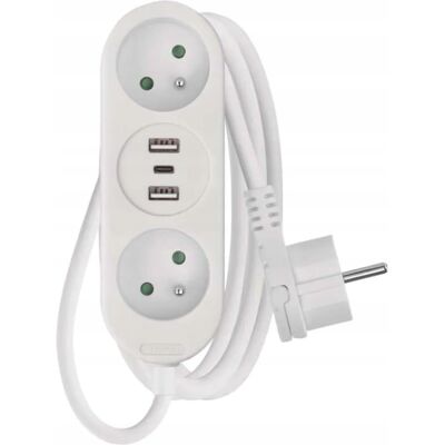 Fuego EMOS jatkojohto - 16A, 2m, USB, Valkoinen Fuego EMOS jatkojohto - 16A, 2m, USB, Valkoinen