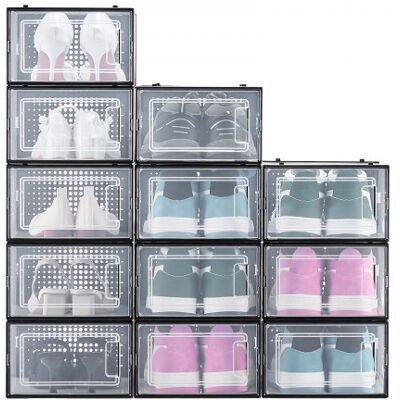 Kenkien säilytyslaatikot, 334x230x145 mm, musta, pinottava muovisäilytys Kenkien säilytyslaatikot, 334x230x145 mm, musta, pinottava muovisäilytys