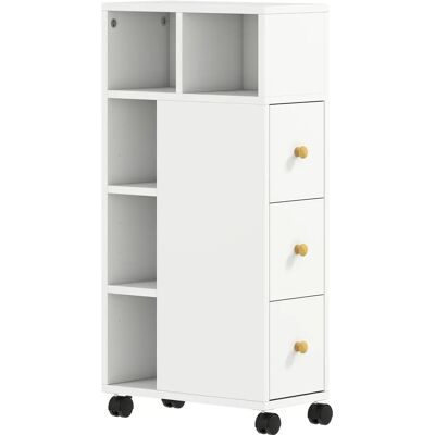 Kapea kylpyhuonekaappi, kaappi 4 pyörällä, 3 vetolaatikkoa, 5 avohyllyä, 20x40x80cm, valkoinen Kapea kylpyhuonekaappi, kaappi 4 pyörällä, 3 vetolaatikkoa, 5 avohyllyä, 20x40x80cm, valkoinen