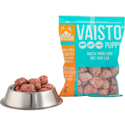 MUSH Vaisto PUPPY Jäänsininen Nauta-Poro-Lohi koiran täysravinto MUSH Vaisto PUPPY Jäänsininen Nauta-Poro-Lohi koiran täysravinto