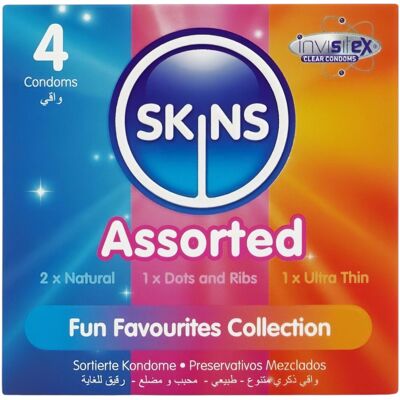 Skins Assorted 4 Pack - Preservatiinit miehille - Luonnollinen, Pisteet & Ribs, Ultra Ohut Skins Assorted 4 Pack - Preservatiinit miehille - Luonnollinen, Pisteet & Ribs, Ultra Ohut