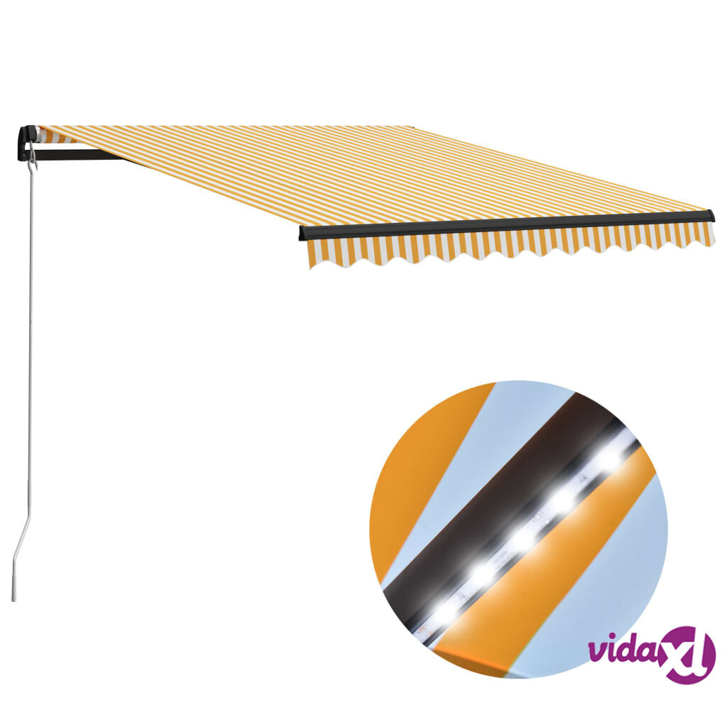 vidaXL Käsin sisäänkelattava markiisi LEDillä 300x250cm keltavalkoinen vidaXL Käsin sisäänkelattava markiisi LEDillä 300x250cm keltavalkoinen