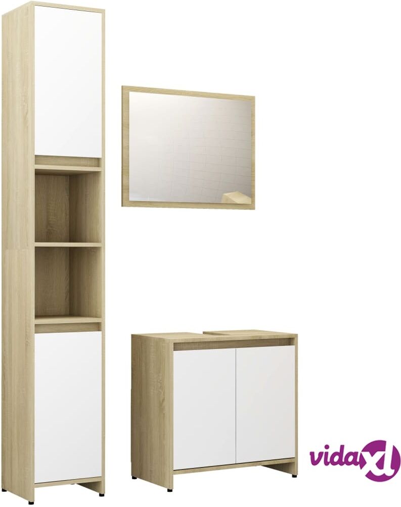 vidaXL 3-osainen kylpyhuoneen kalustesarja valk. ja Sonoma-tammi levy vidaXL 3-osainen kylpyhuoneen kalustesarja valk. ja Sonoma-tammi levy