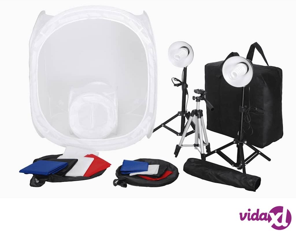 vidaXL Mini Valokuvausstudio: 8 Taustakangasta, 3 Jalustaa ja 2 x 4W Lamppua vidaXL Mini Valokuvausstudio: 8 Taustakangasta, 3 Jalustaa ja 2 x 4W Lamppua