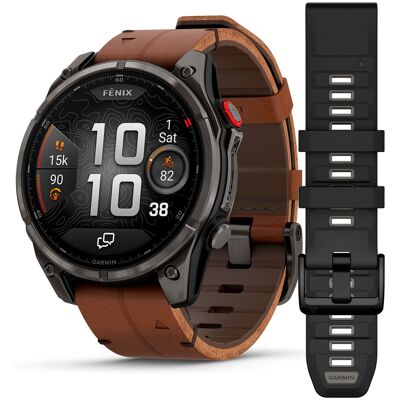 Garmin Fenix 8 Pro 47mm Amoled LTE Sapphire Carbon Gray Titanium with Chestnut Leather band 010-03198-40 1x Kirk, 1x Pink, 1xSin Garmin Fenix 8 Pro 47mm Amoled LTE Sapphire Carbon Gray Titanium with Chestnut Leather band 010-03198-40 1x Kirk, 1x Pink, 1xSin
