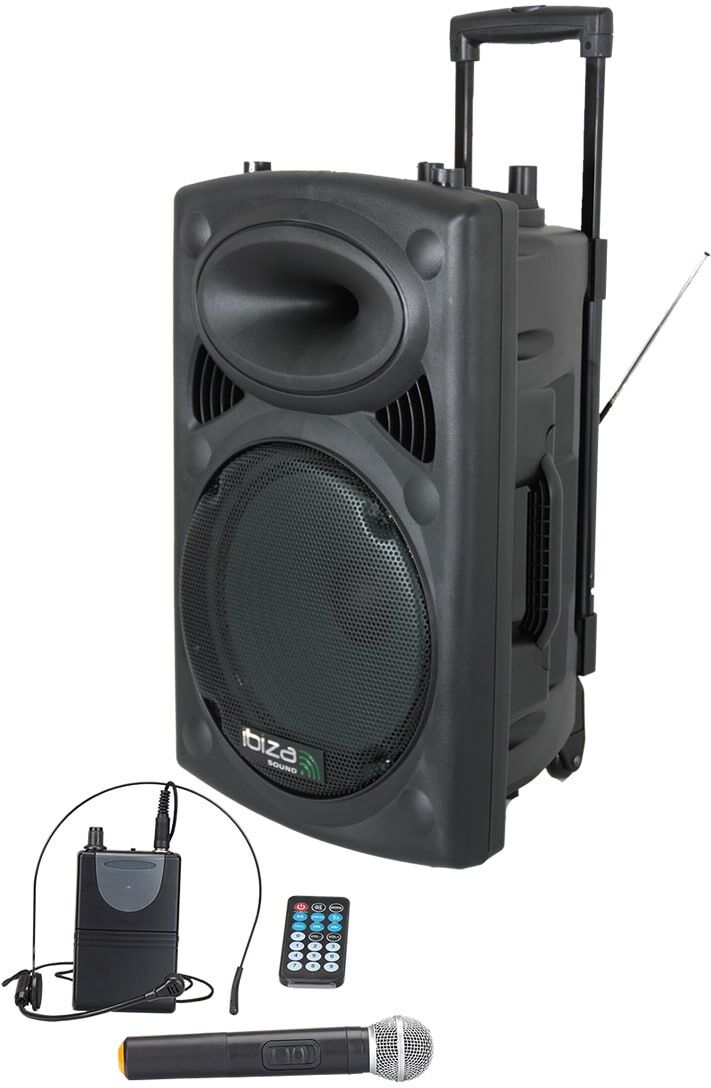 Ibiza Sound PORT15 kannettava akkukäyttöinen 800W kaiutin + kaksi langatonta mikkiä Ibiza Sound PORT15 kannettava akkukäyttöinen 800W kaiutin + kaksi langatonta mikkiä