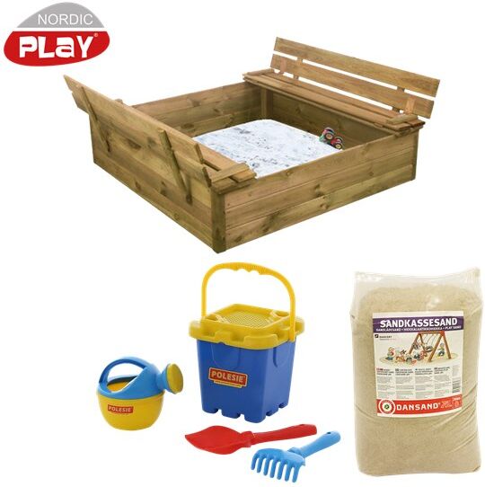 Nordic Play 120 x 120 cm hiekkalaatikko kanneksi kääntyvillä istuimilla, mänty, sisältää 240 kg hiekkaa ja sininen hie... Nordic Play 120 x 120 cm hiekkalaatikko kanneksi kääntyvillä istuimilla, mänty, sisältää 240 kg hiekkaa ja sininen hie...