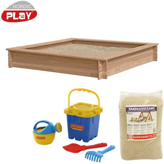 Nordic Play 150 x 150 cm hiekkalaatikko, lehtikuusi, sisältää 240 kg hiekkaa ja sininen hiekkalelusetti Nordic Play 150 x 150 cm hiekkalaatikko, lehtikuusi, sisältää 240 kg hiekkaa ja sininen hiekkalelusetti