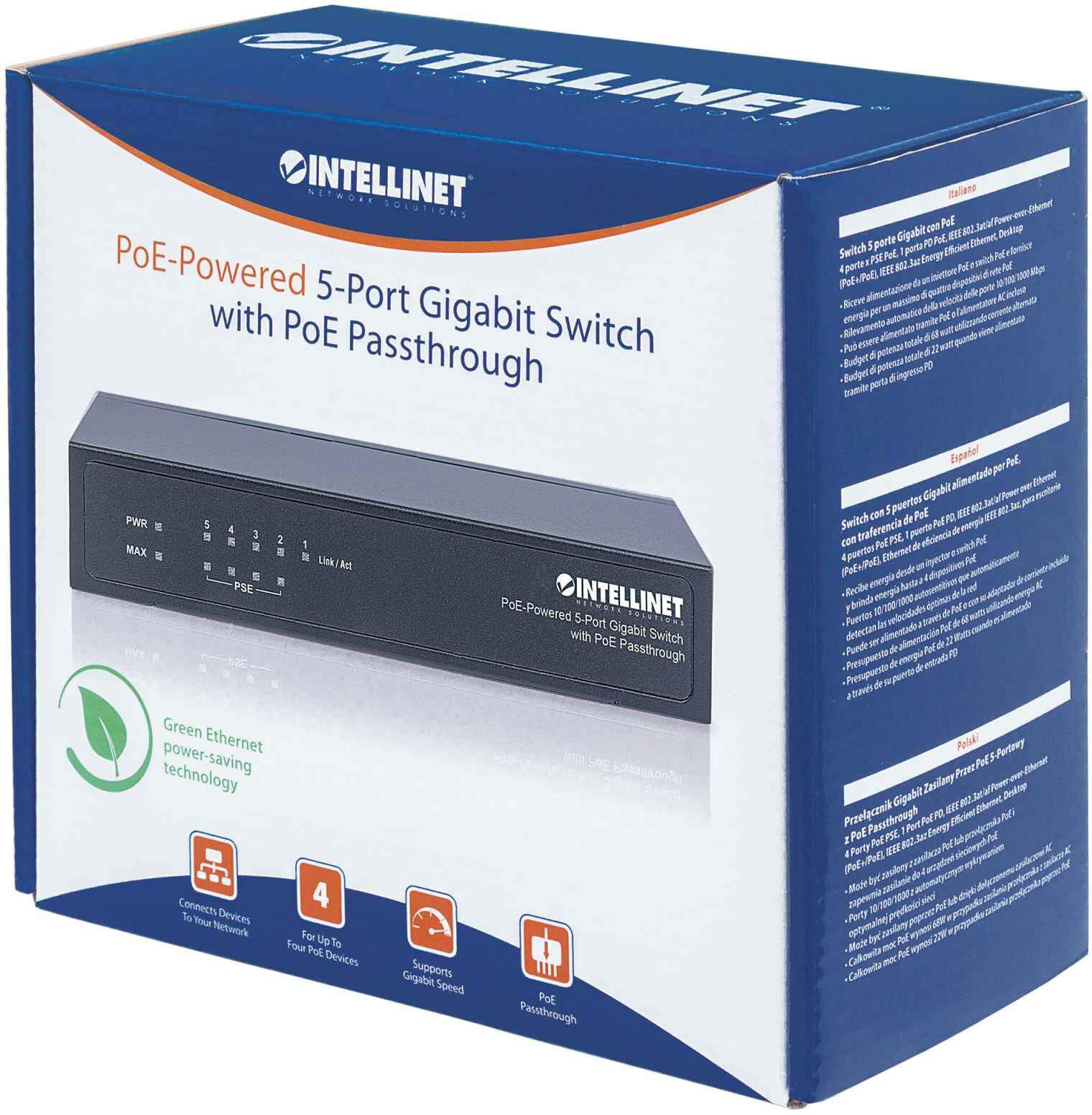 Intellinet 5-portin Gigabit Ethernet PoE+ Passthrough kytkin Intellinet 5-portin Gigabit Ethernet PoE+ Passthrough kytkin