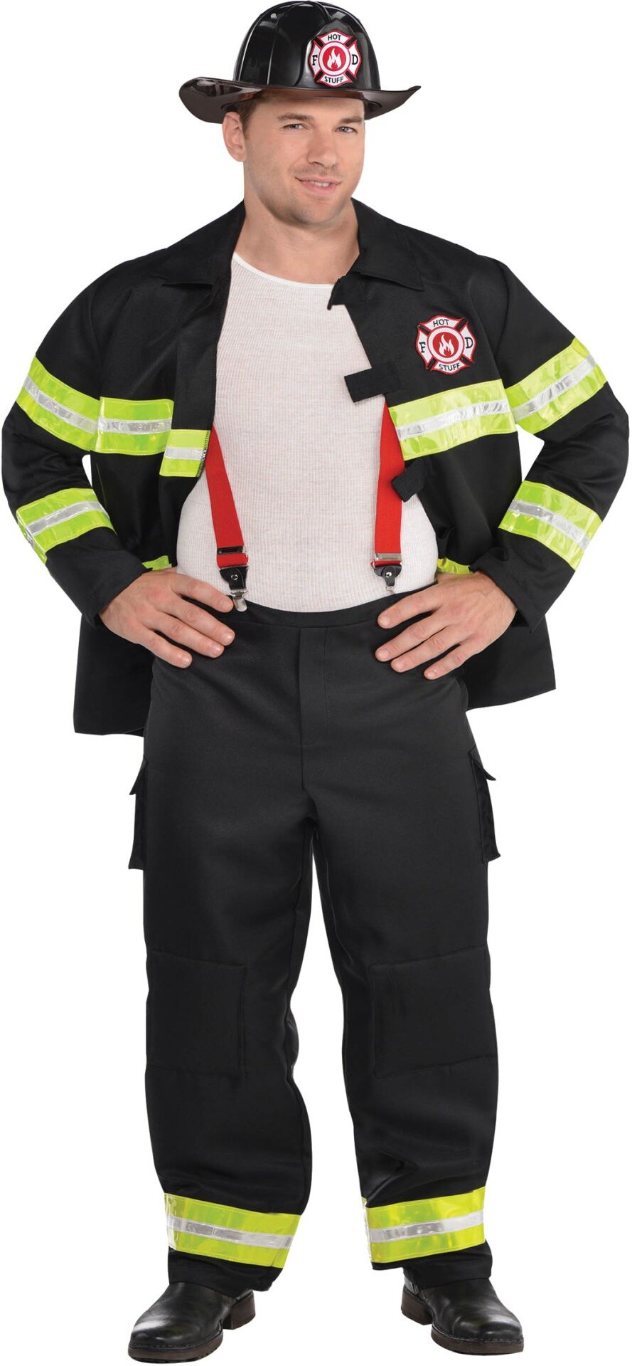 Palomiehen asu; housut, takki, henkselit ja kypärä Palomiehen asu; housut, takki, henkselit ja kypärä