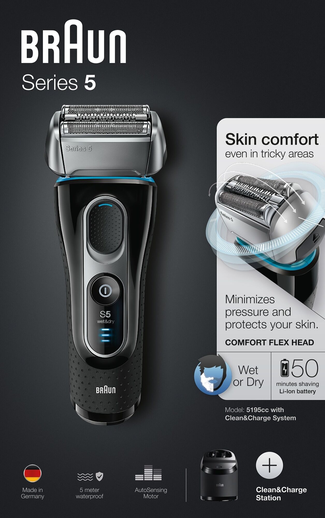 Braun Series 5 5195CC parranajokone huoltokeskuksella Braun Series 5 5195CC parranajokone huoltokeskuksella