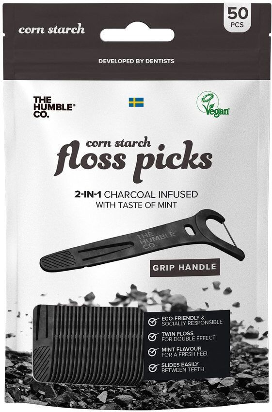 The Humble Co. The Humble Co Dental Floss Picks Charcoal Grip Handle 50 kpl The Humble Co. The Humble Co Dental Floss Picks Charcoal Grip Handle 50 kpl