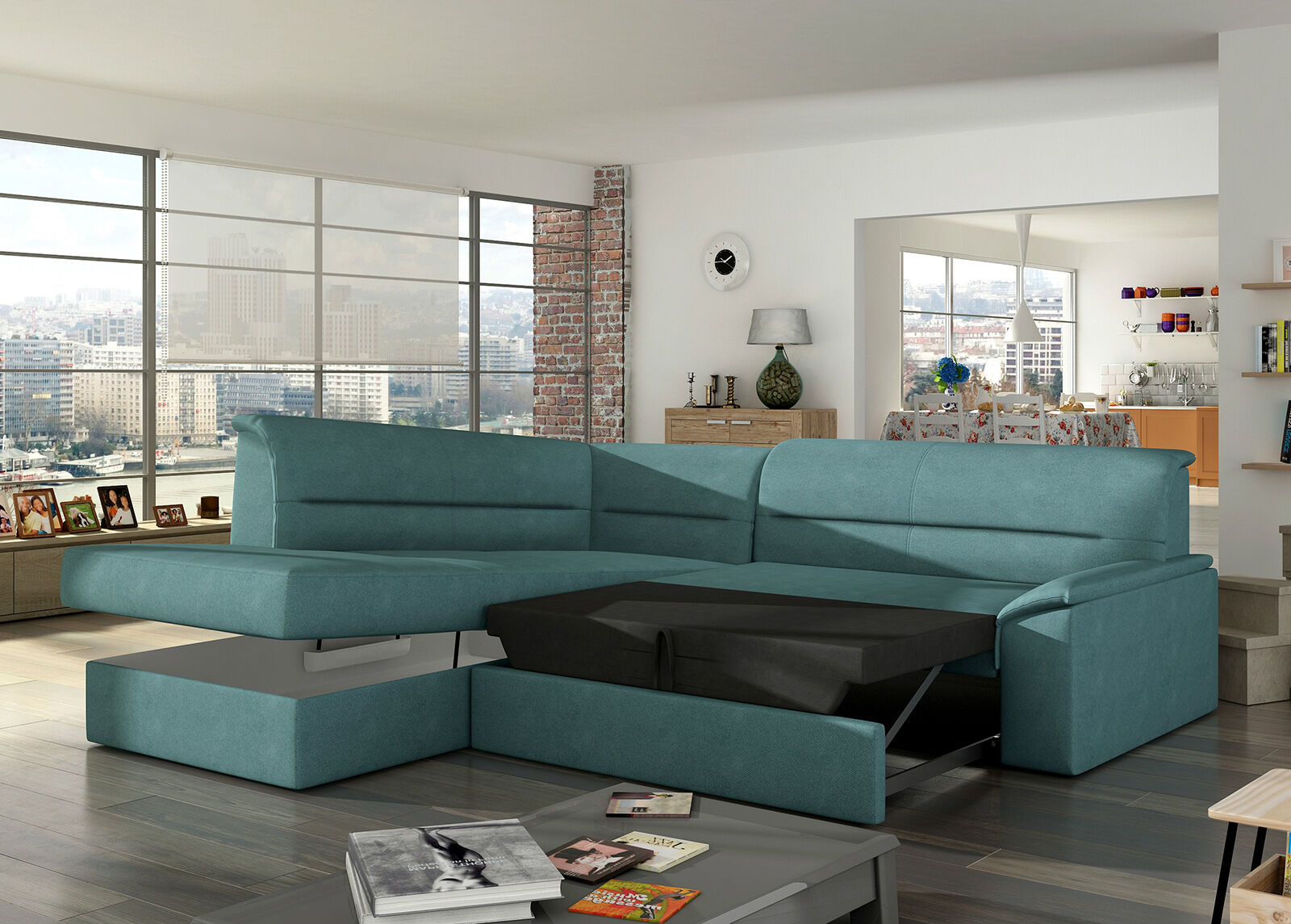 Kulmavuodesohva vuodevaatelaatikolla Kulmavuodesohva vuodevaatelaatikolla