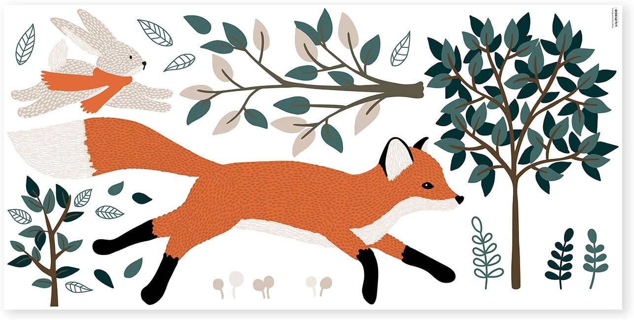 Lilipinso Sticker décor forêt, renard et lapin en vinyle mat orange 64 x 130 cm Vert 130x64cm