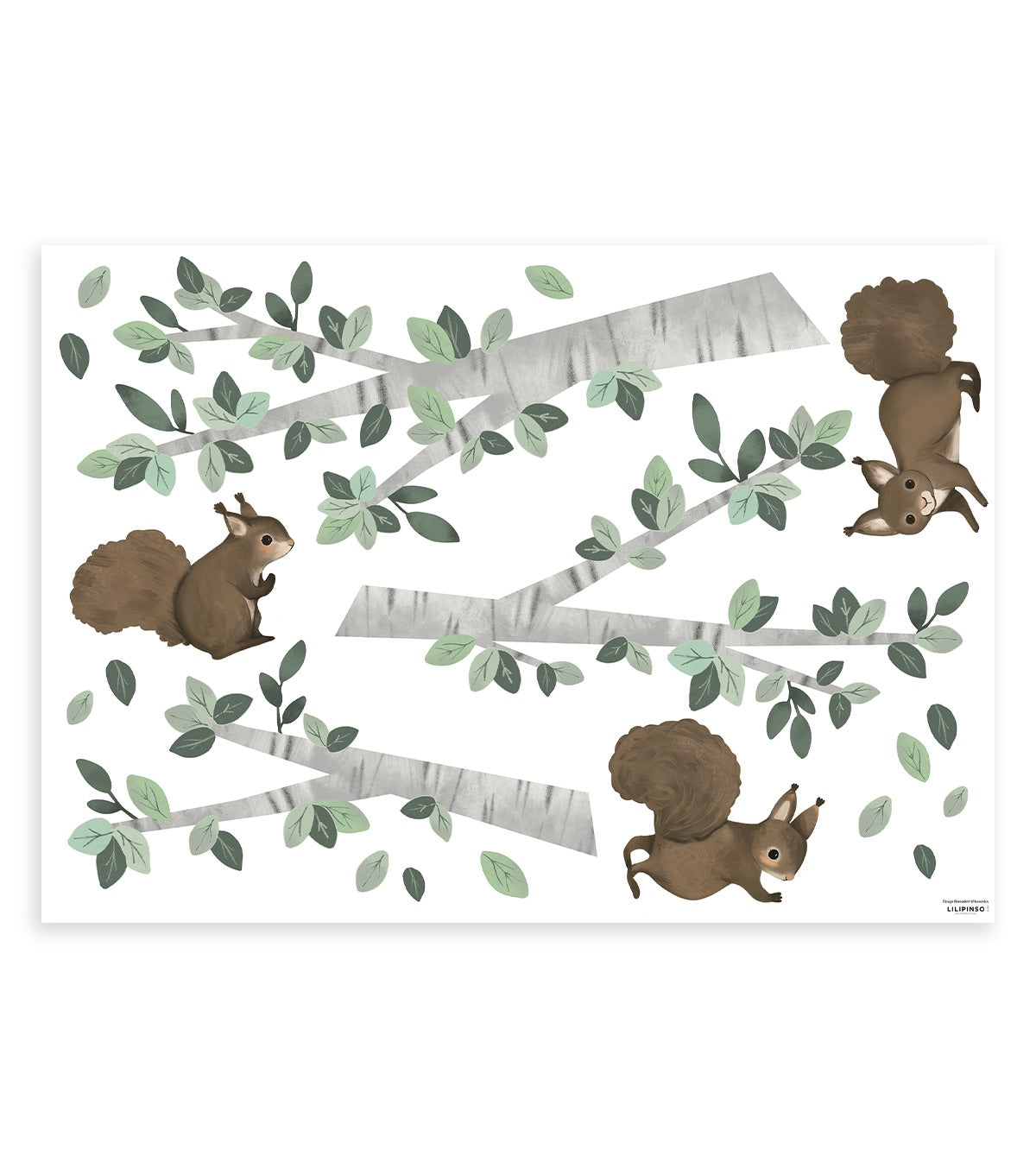 Lilipinso Stickers muraux écureuils et branches en vinyle mat multicolore Vert 90x64cm