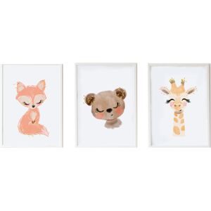 Crochetts Pack encadré bois blanc impression le renard et giraffe ours 43X33 cm Blanc 3x43x33cm