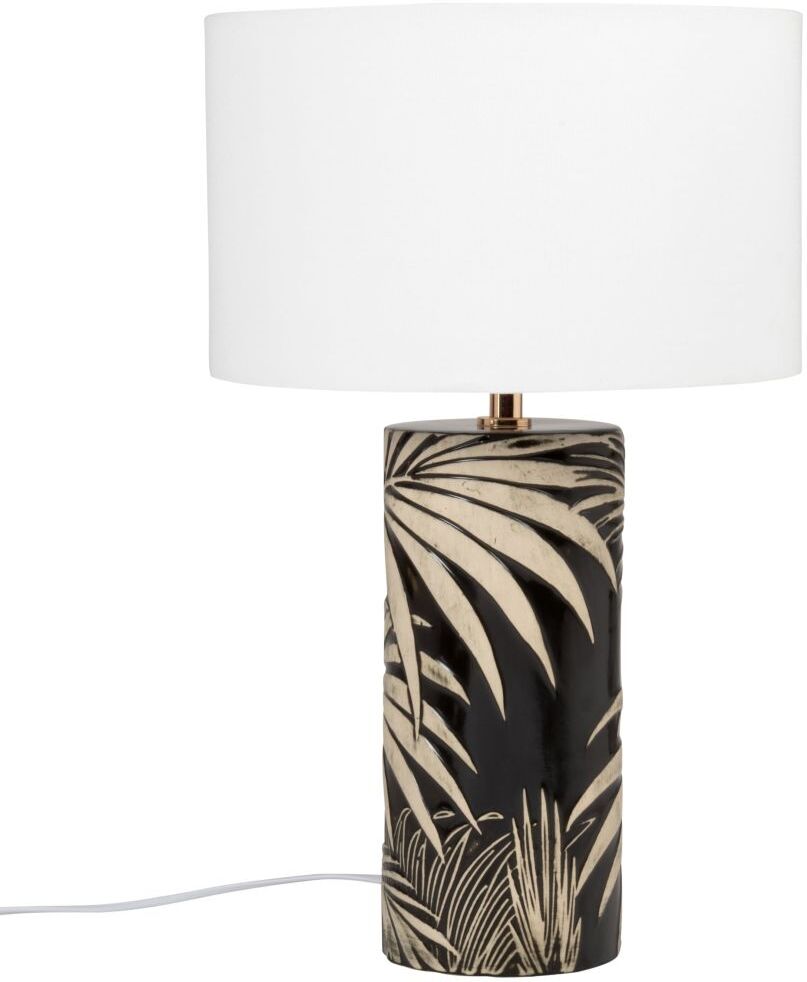 Maisons du Monde Lampe en céramique noire imprimé feuilles et abat-jour en coton blanc Maisons du Monde Lampe en céramique noire imprimé feuilles et abat-jour en coton blanc
