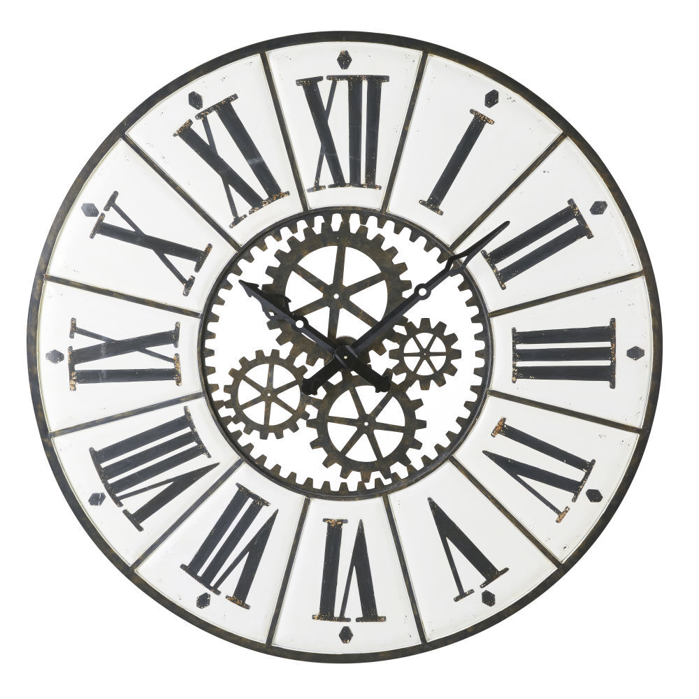 Maisons du Monde Horloge en métal blanc et noir avec rouages D139