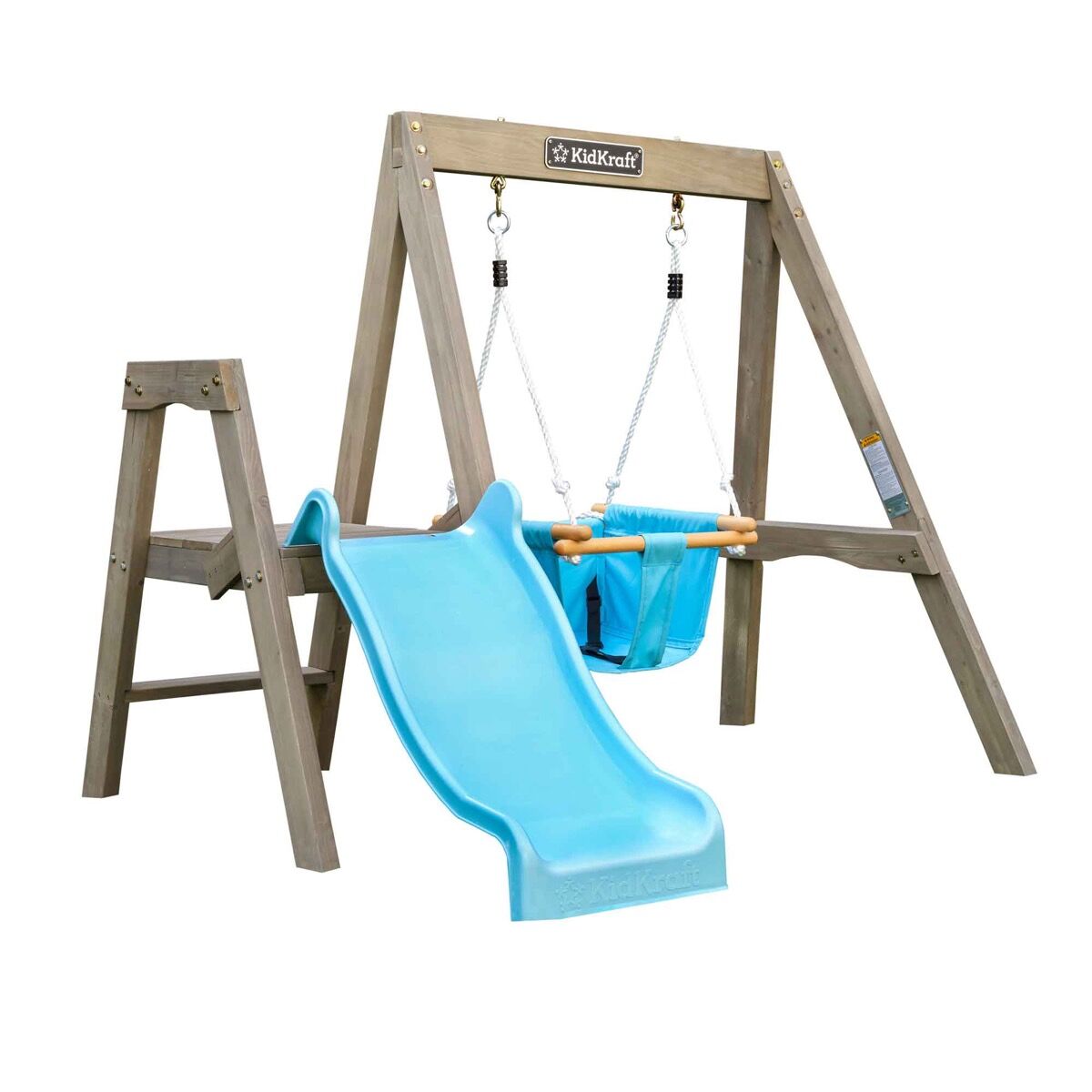 KidKraft Aire de jeux en bois pour bébé avec toboggan et balançoire Bleu 176x128x143cm
