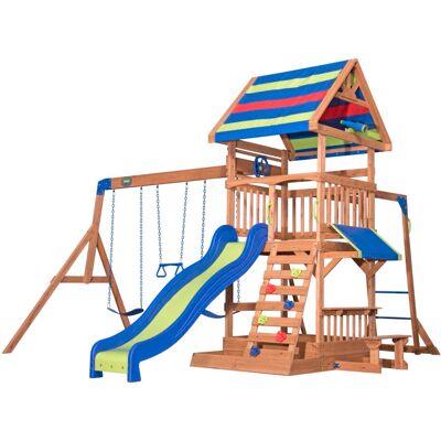 Backyard Discovery Aire de jeux en bois avec toboggan, bac à sable, table de pique-nique Marron 439x301x430cm - Publicité Backyard Discovery Aire de jeux en bois avec toboggan, bac à sable, table de pique-nique Marron 439x301x430cm - Publicité