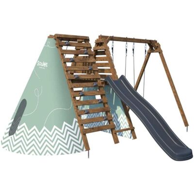 Soulet Aire de jeux en bois avec 2 balançoires, mur escalade et toboggan Marron 427x218x352cm - Publicité Soulet Aire de jeux en bois avec 2 balançoires, mur escalade et toboggan Marron 427x218x352cm - Publicité