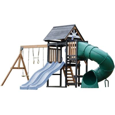 Axi Aire de jeux, 2 balançoires - toboggan bleu pastel, 2 tubulaires Bleu 560x302x356cm - Publicité Axi Aire de jeux, 2 balançoires - toboggan bleu pastel, 2 tubulaires Bleu 560x302x356cm - Publicité