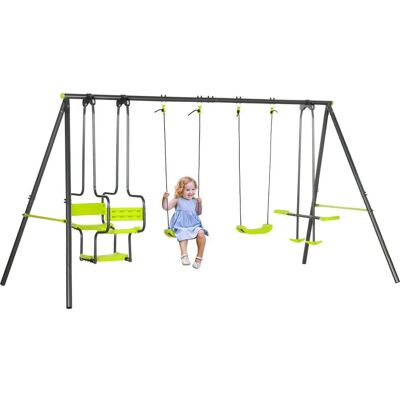 Outsunny Portique balançoire enfant 4 agrès nacelle métal pe gris vert pomme Vert 355x186x184cm - Publicité Outsunny Portique balançoire enfant 4 agrès nacelle métal pe gris vert pomme Vert 355x186x184cm - Publicité