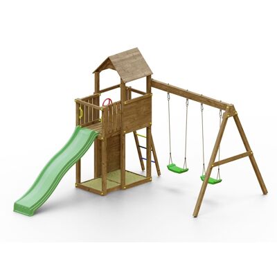 Fungoo Aire de jeux avec balançoire double et toboggan en