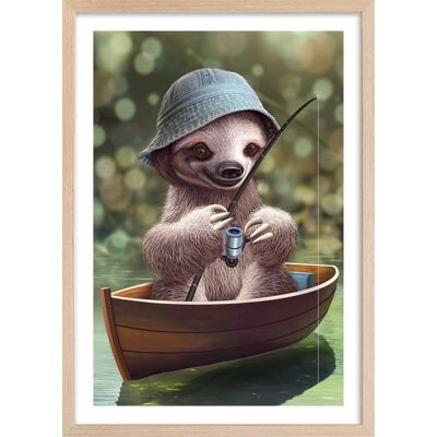Hexoa Affiche enfant paresseux à la pêche avec cadre bois 40x60 cm Bleu 40x60x2cm - Publicité Hexoa Affiche enfant paresseux à la pêche avec cadre bois 40x60 cm Bleu 40x60x2cm - Publicité