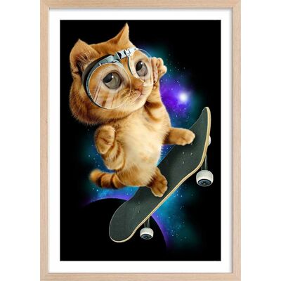 Hexoa Affiche enfant skate chat avec cadre bois 40x60 cm Bleu 40x60x2cm - Publicité Hexoa Affiche enfant skate chat avec cadre bois 40x60 cm Bleu 40x60x2cm - Publicité