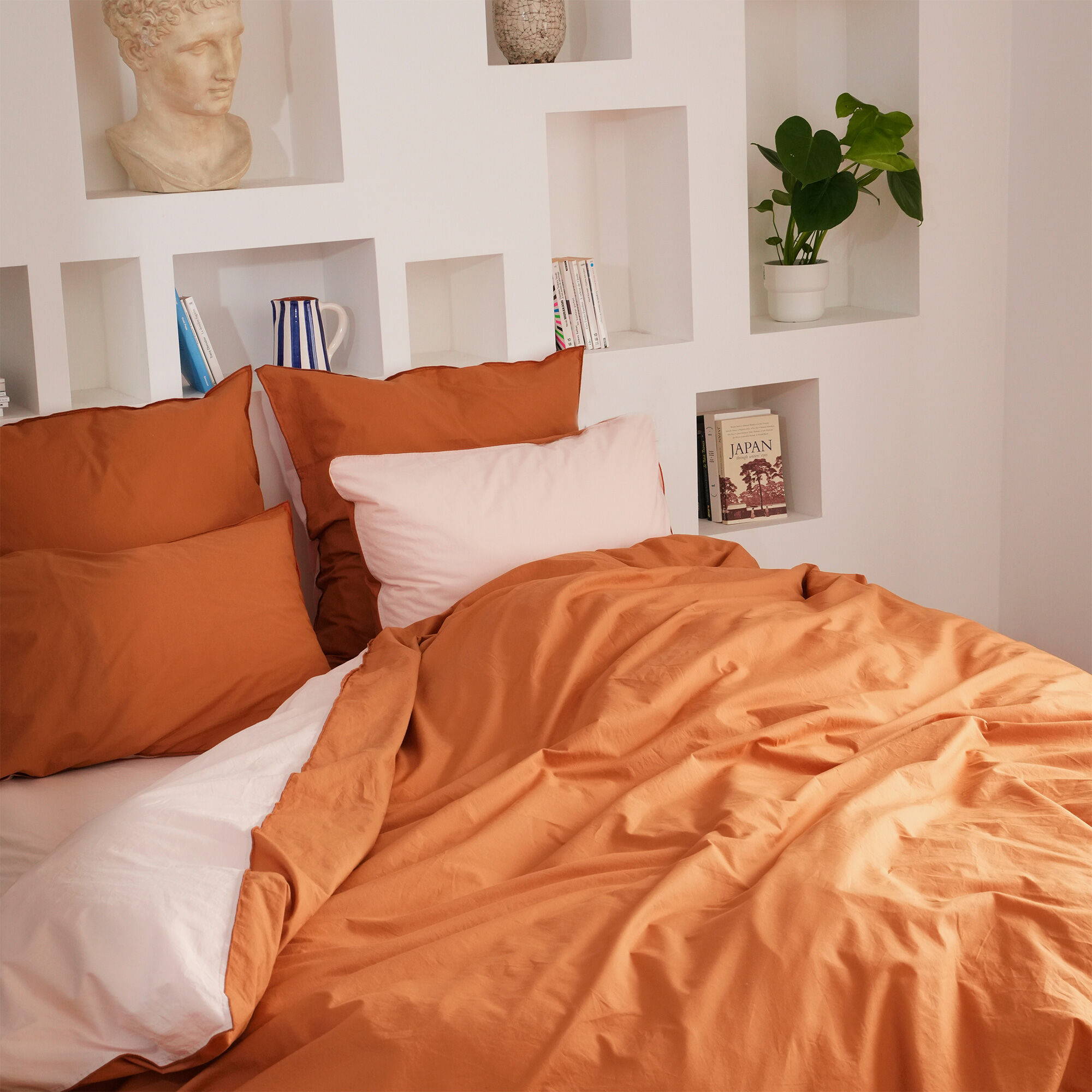 Blanc Cerise Housse de couette percale coton lavé 260x240cm Terre Cuite Et Pêche Orange 240x1x260cm