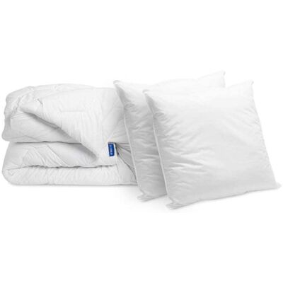 Bleu Câlin Pack couette très chaude 220x240cm + 2 oreillers moelleux Blanc 60x0x60cm - Publicité Bleu Câlin Pack couette très chaude 220x240cm + 2 oreillers moelleux Blanc 60x0x60cm - Publicité