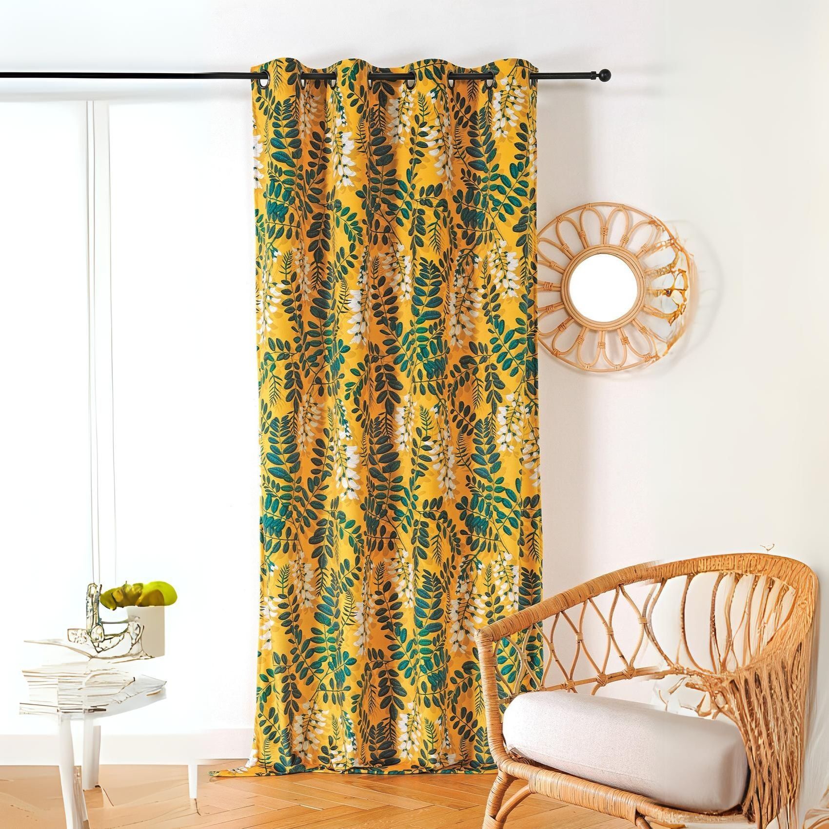 Linder Rideau d'ameublement aux feuilles d'acacia polyester jaune 145x270 cm Jaune 0x270x145cm