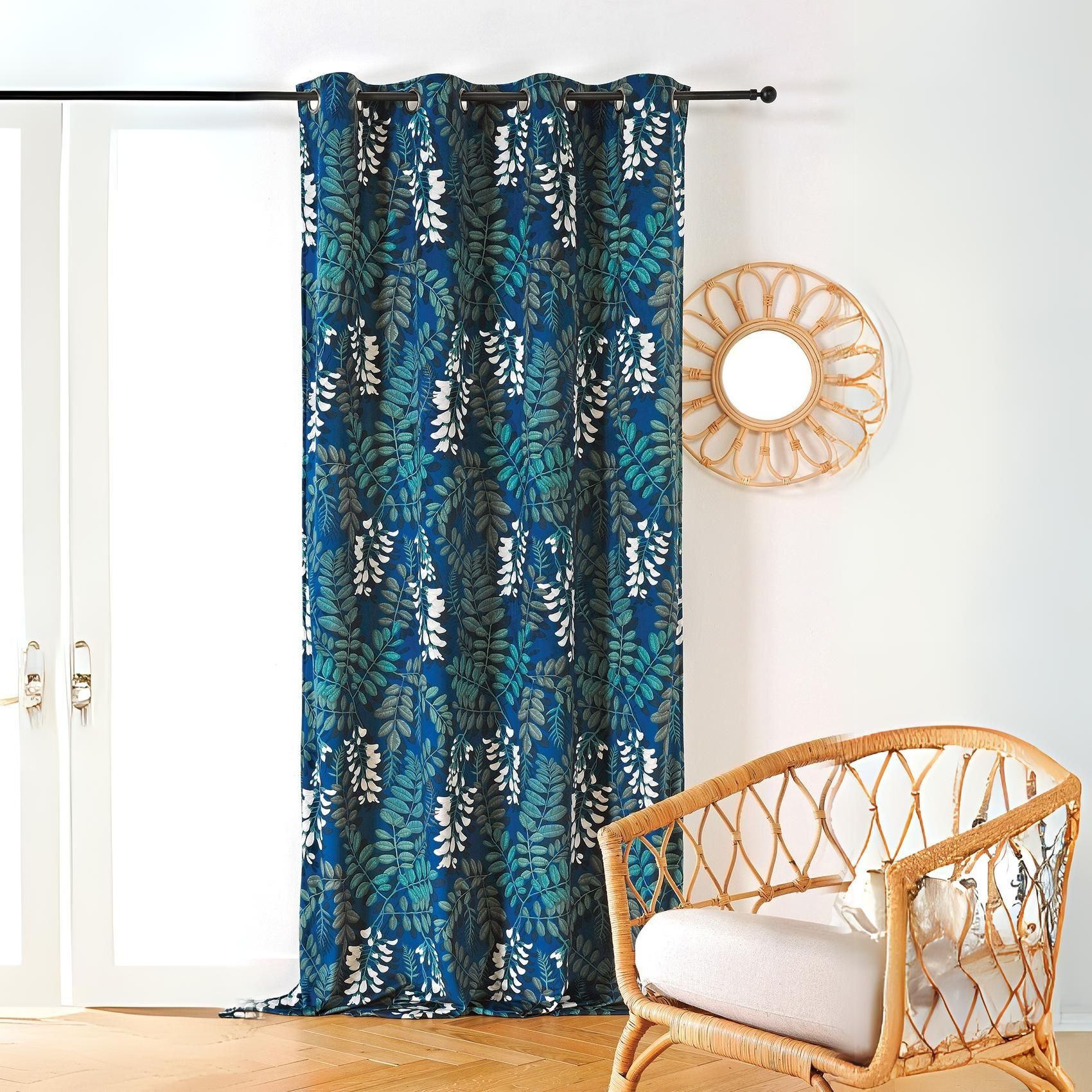 Linder Rideau d'ameublement aux feuilles d'acacia polyester bleu 145x270 cm Bleu 0x270cm