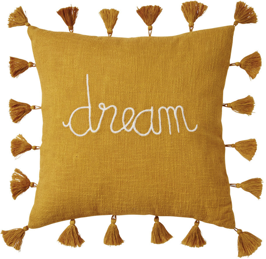 Maisons du Monde Coussin en coton mot brodé à pompons 40x40 Maisons du Monde Coussin en coton mot brodé à pompons 40x40