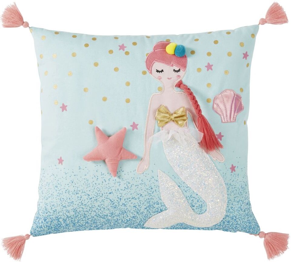 Maisons du Monde Coussin en coton vert imprimé à pompons 40x40 Maisons du Monde Coussin en coton vert imprimé à pompons 40x40