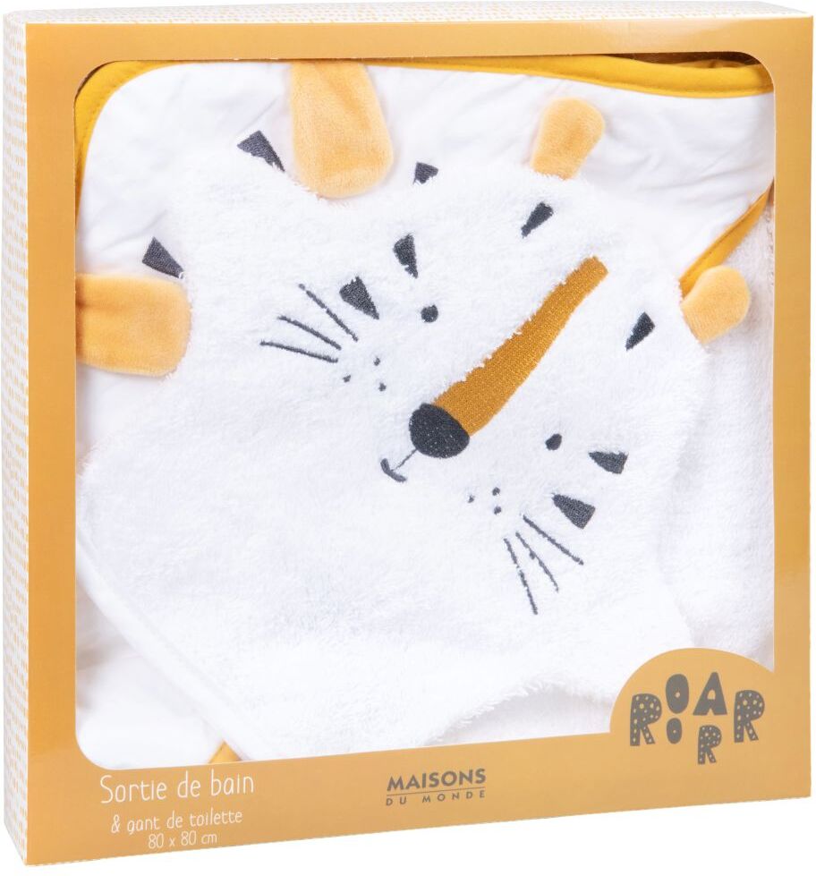 Maisons du Monde Sortie de bain bébé en coton blanc avec tête de tigre jaune moutarde et noire Maisons du Monde Sortie de bain bébé en coton blanc avec tête de tigre jaune moutarde et noire