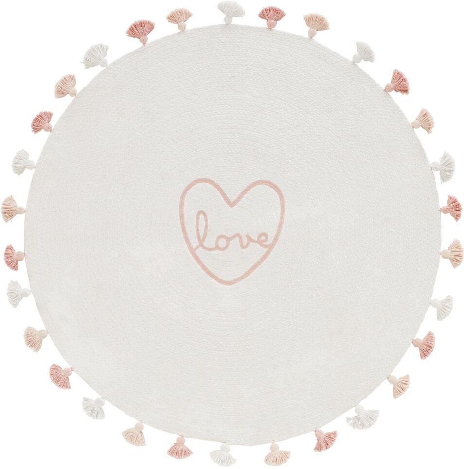 Maisons du Monde Tapis rond en coton blanc brodé rose à pompons D100