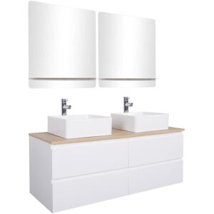 Mob In Meuble double vasque 120cm avec plan bois Blanc+vasque+robinet+miroir Blanc 43x43x45cm