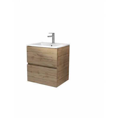 Aurlane - Meuble de salle de bain 50cm Décoré Chêne avec 2 tiroirs et Lavabo en céramique blanche - Publicité Aurlane - Meuble de salle de bain 50cm Décoré Chêne avec 2 tiroirs et Lavabo en céramique blanche - Publicité