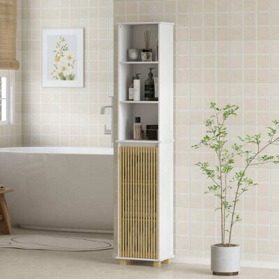 Homcom Colonne salle de bain porte à lattes en bambou compartiments ouverts Blanc 35x173x26cm - Publicité Homcom Colonne salle de bain porte à lattes en bambou compartiments ouverts Blanc 35x173x26cm - Publicité