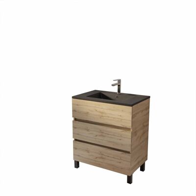 Aurlane - Meuble de salle de bain en bois 70cm avec 3 tiroirs et lavabo en céramique noire - Publicité Aurlane - Meuble de salle de bain en bois 70cm avec 3 tiroirs et lavabo en céramique noire - Publicité