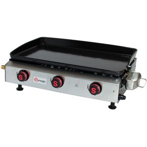Plancha à gaz avec une cuve et un bâti en acier laqué de 63x43, 5 cm. Celle-ci est composée d'un tableau de bord en acier inoxydable qui convient pour 15 personnes. Plaque de cuisson en fonte émaillée avec rebords incurvés de 61, 5x38, 5 cm pour une cuisson ‘contact’ à la plancha. Idéal pour la cuisson d’aliments délicats (poisson, etc …). 3 brûleurs indépendants et piezzo avec une puissance de 8 kW afin d'obtenir une facilité d'allumage avec une bonne répartition de la chaleur. Récupérateur de graisse pour une meilleure évacuation de celles-ci et pour un nettoyage facile. Complet, prêt à l’emploi, livrée et assemblée. Plancha à poser. Caractéristiques : Dimension total : 77x49x24 cmHauteur plaque de cuisson/sol : 17. 5 cmDimension cuve : 63x43. 5 cmDimension plaque de cuisson : 61. 5x38. 5 cm Coloris : inox Vendue à l'unité image