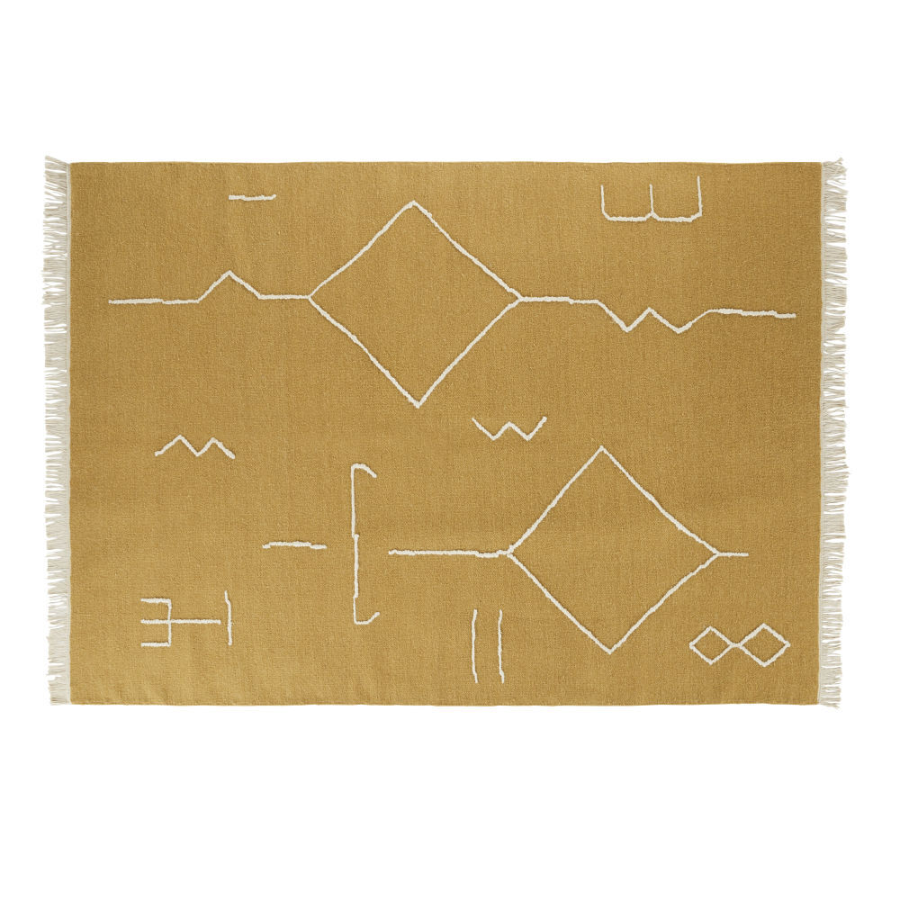 Maisons du Monde Tapis style berbère en laine, coton et bambou à motifs jaune moutarde et écrus 140x200 Blanc 140x200cm
